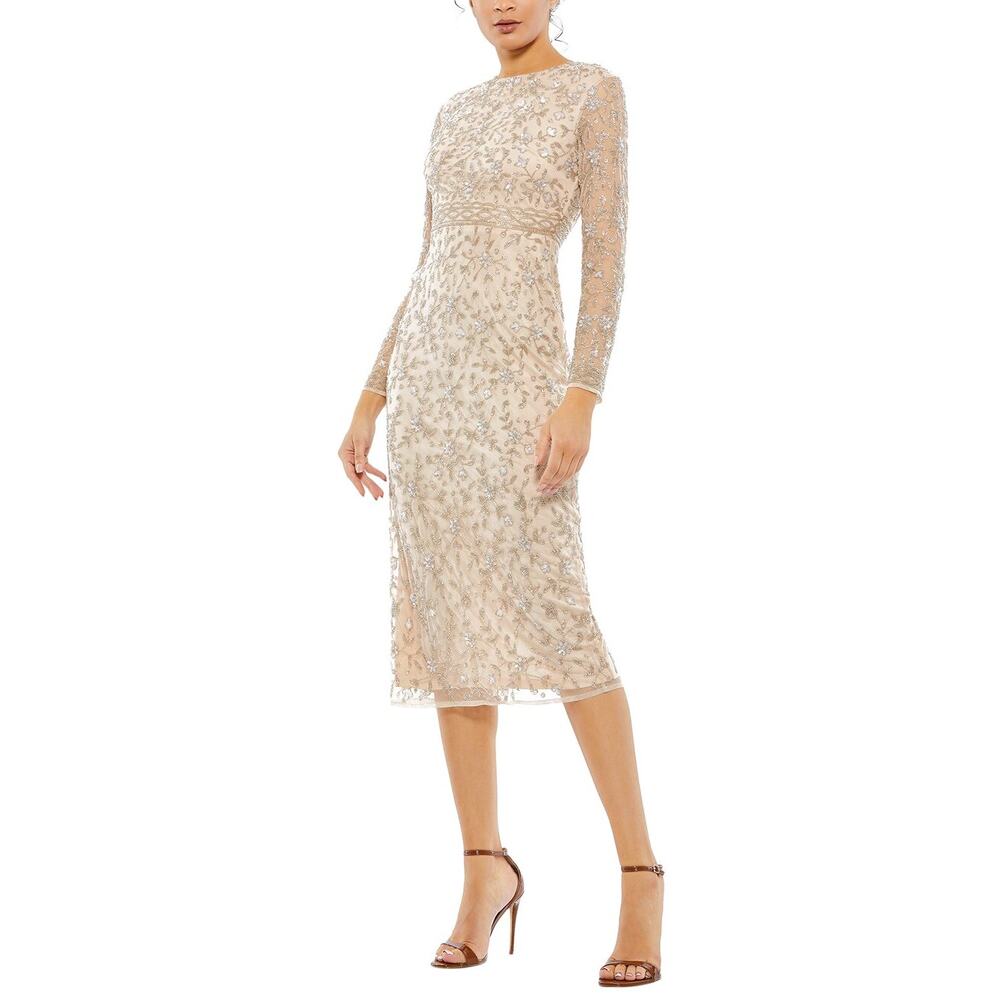 Mac Duggal Nude Long Sleeve Sheath Dress 10812, Silver Beading, Midi Formal, 12